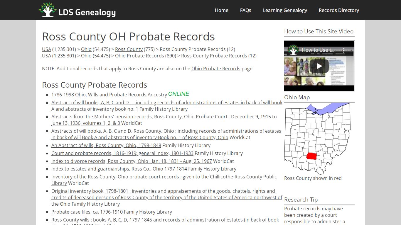 Ross County OH Probate Records - LDS Genealogy